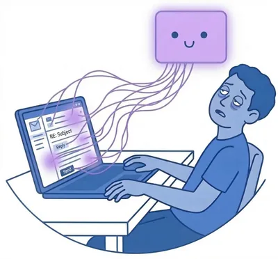 Illustration: a tired student at a laptop while a smiling AI box pulls strings tied to an email reply