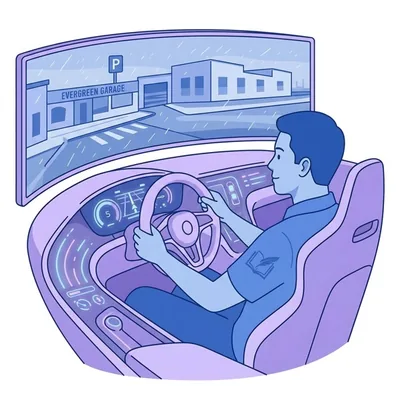 Illustration: a driver in a simulator cockpit watching a wide, rainy street scene