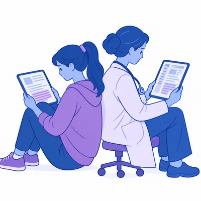 Two readers back to back with tablets: a student in a hoodie and a clinician in a white coat